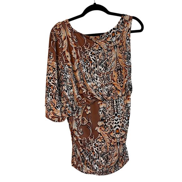 Cache Brown Leopard Print One Shoulder Blouson Mini Dress Large - Picture 1 of 7